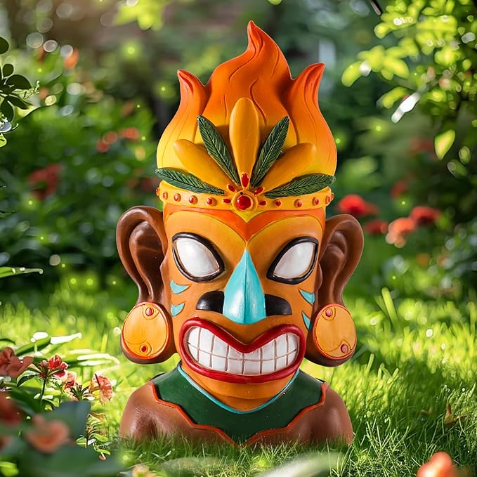 WINTS Solar Tiki Statue,Outdoor Tiki Statue with Solar Light,Flickering Flame Tiki Decor for Bar Yard Garden Patio Decoration -10 x 6 x 4.1 Inches
