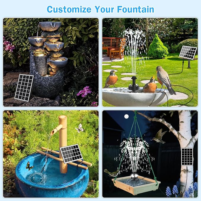 Solar Fountain Pump with Adjust Glass Panel, Upgrade 3.5W Solar Water Pump with Stake, 16.4ft Cable, 2000mAh Battery, White LED Lights, Solar Powered Fountain Kits for Bird Bath, Hummingbird