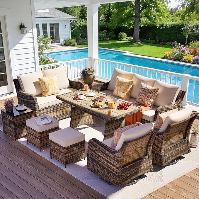 MEISSALIVVE 8 Pieces Patio Furniture Set with Swivel Rocking Chairs, Patio Conversation Set with Dining Table, Patio Dining Set with Waterproof Cushions for Lawn Backyard Porch (Brown)