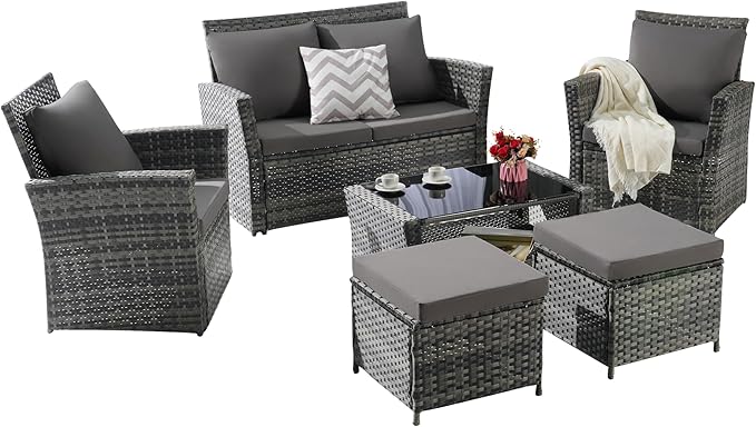 KEIKI 6-Piece Outdoor Patio Furniture Set, Rattan Patio Conversation Set with 2-Seater Sofa, 2 Single Sofa, 2 Ottomans, Coffee Table, PE Wicker Sofa Set, for Garden, Backyard, Lawn, Deck, Dark Gray