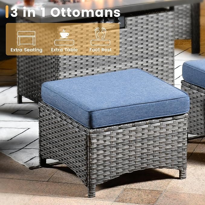 HOOOWOOO Patio Furniture Set,7 Piece Outdoor Furniture Set with Fire Pit Table,Wicker Patio Conversation Couch Swivel Chairs Ottoman Set,Denim Blue