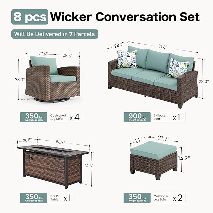 Swivel Glider Patio Furniture Set Outdoor Furniture Brown Wicker Rattan Patio Conversation Sets with Cushion Outside Sofa Set,7 Pieces with Rectangular Firepit Table,9 Seats,Blue