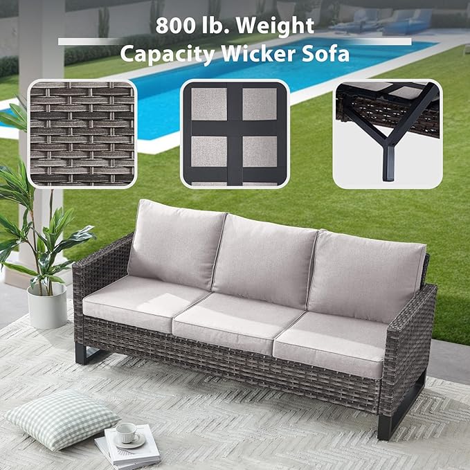6 Piece Wicker Patio Furniture Set - Outdoor Swivel Rocker Chairs Set with Side Table, 3 Seat Sofa and Ottomans, Small Patio Conversation Sets Proch Furniture for Balcony Deck - Grey/Beige