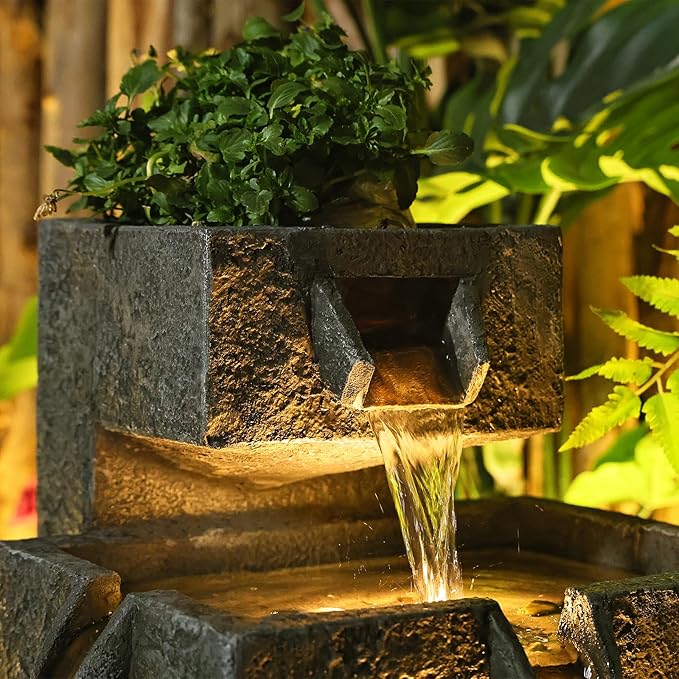 Tiered Water Fountain Outdoor Garden - Waterfall Indoor Freestanding Cascade Fountain Concrete Artistry Modern Style with LED Lights for Patio Yard Pool Home Decor,32.5 inches Long
