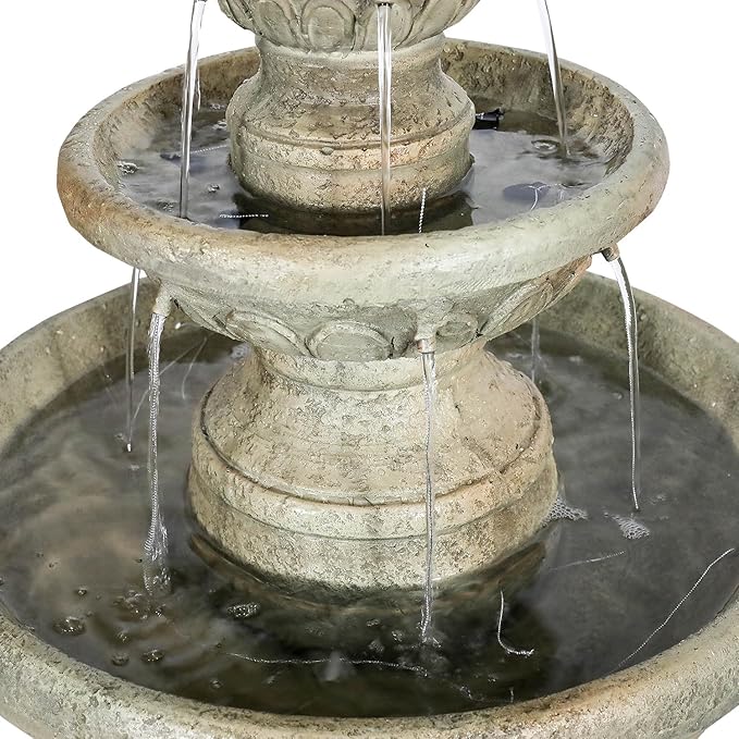 SunJet 42.5” High 3-Tiers Modern Concrete Outdoor Water Fountain - Round Large Outdoor Fountains and Waterfalls for Garden, Patio, Yard, and Deck Decor, Featuring Natural Stone Look