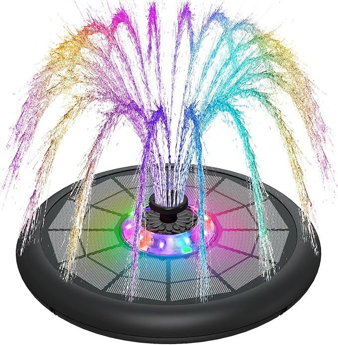 SZMP Solar Fountain Upgraded UFO Colorful Lights, 5W Solar Water Fountain Pump with 7 Nozzles & 4 Fixers, for Bird Bath, Garden, Pool, Outdoor Decor (Multicolor)