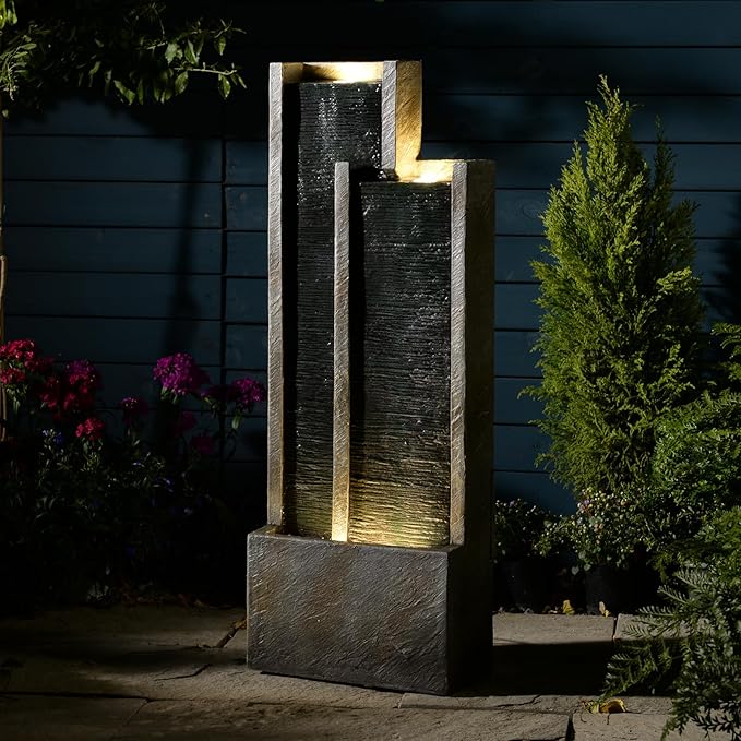 35.4" H Modern Indoor Outdoor Waterfall Fountain with Gentle Sound, Resin Garden Water Fountain Outdoor with Lights, Black Stream Panel Floor-Standing Garden Feature for Patio, Balcony, or Home Decor
