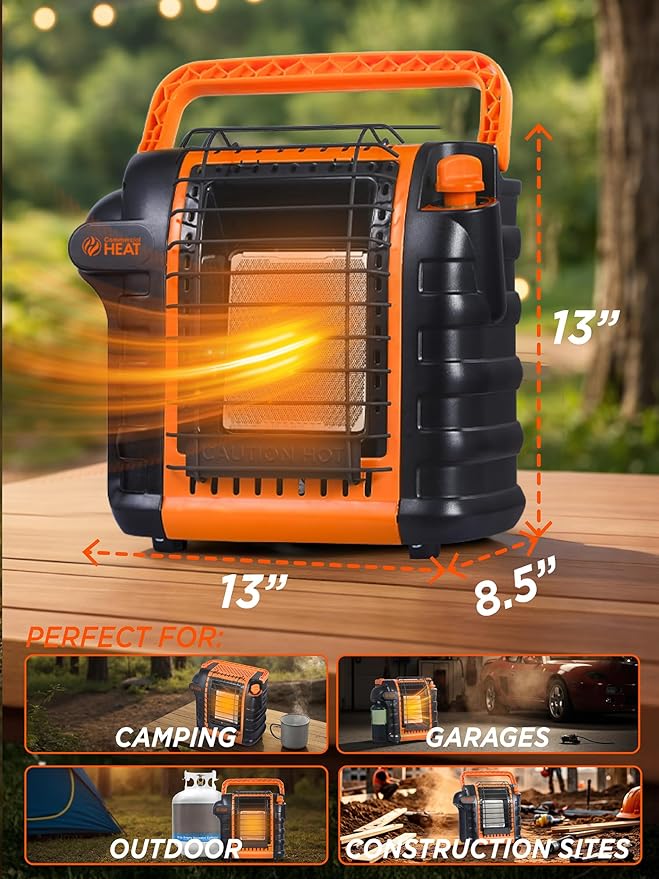 9000 BTU Portable Propane Heater for Outdoor Use, Patio Heater for Up To 300 Sq. Ft., 2 Heat Settings, Swivel Regulator Connects to 1 lb. Propane Tank, CHP9000O, Orange