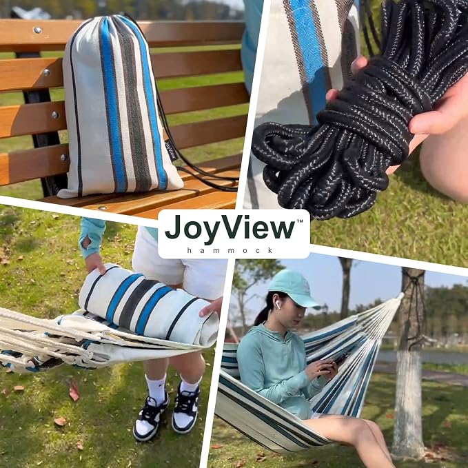 JoyView Brazilian Double Hammock with Hanging Ropes Extra Large 86.6x59” Portable Cotton Hammock for Patio Backyard Porch 450LBS Weight Capacity Perfect for Outdoor/Indoor - Blue & Green Stripes - Image 6