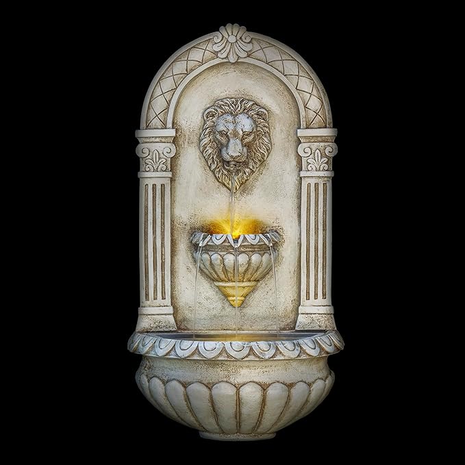 Alpine Corporation TZL160 Indoor/Outdoor Floor Lion Head Wall Fountain with LED Lights, Wall-Mounted Waterfall, 32", Ivory
