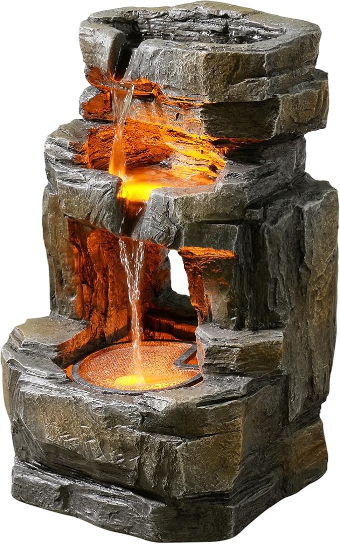 Kalona Outdoor Waterfall Fountain with LED Lights - 3-Tier Resin Rock Water Feature for Garden Patio Backyard, 21.5" Tall Fountain Decor 24392