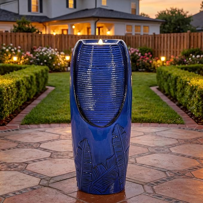 33" H Outdoor Garden Fountain with LED Lights, Modern Ceramic Jar Water Fountain, 3D Tropical Leaf Pattern, Cobalt Blue Glaze, Soothing Cascading Waterfall for Relaxing Patio, Yard, Porch