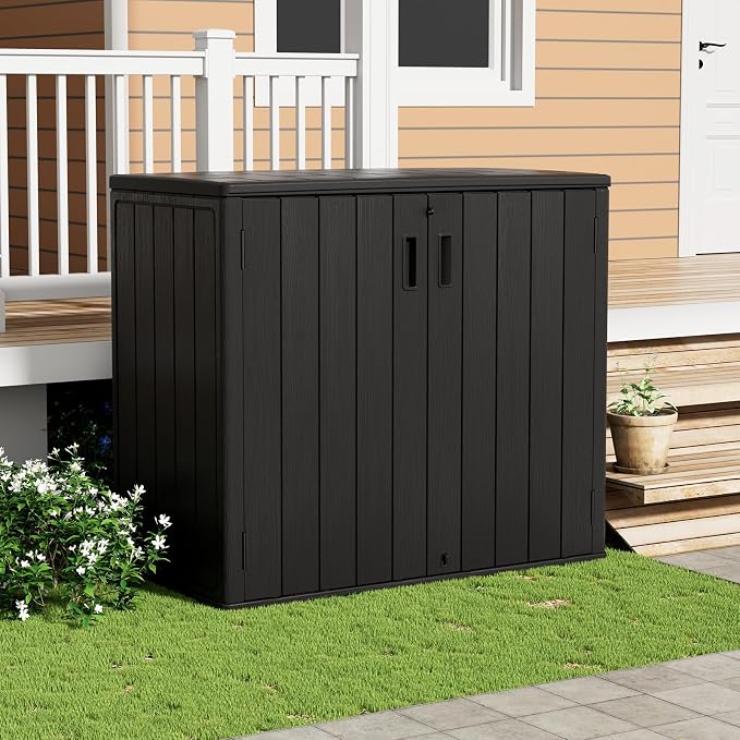 ZZM 37 Cu.ft Outdoor Storage Shed Double-Wall HDPE Storage Cabinet, Waterproof Plastic Sheds with Floor Horizontal Lockable Garden Tools Trash Can, Lawn Mower, Bike Storage, Black - Image 5