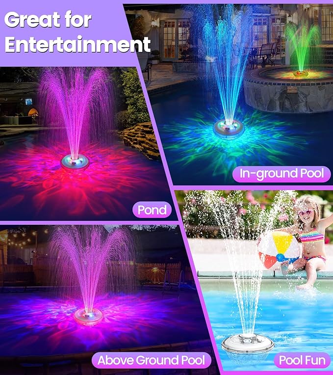 LanAqua Floating Pool Fountain with Lights Show, Upgraded Pool Fountains with Anchor, Pool Water Fountain, Swimming Pool Fountains for Inground Pool, Waterfall for Above Ground Pond-White