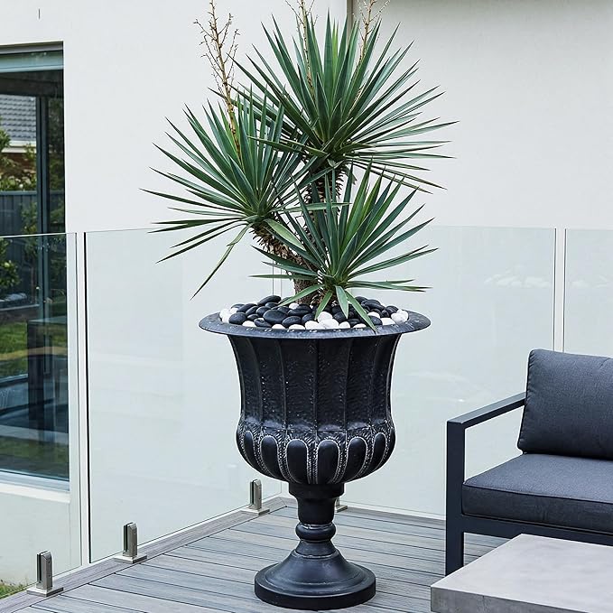 Worth Garden 25" H. Metal Urn Planters 2-Pack - Black Traditional Classic Iron Plant Pots - Large Decorative Rustic Flower Container for Patio, Front Porch, Outdoor Use