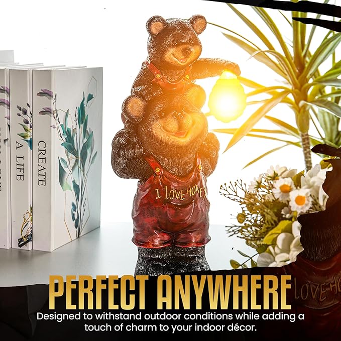 Black Bear Beehive Solar Light Figurine - Outdoor Waterproof Garden Statue - Animal Decor Light - Mother & Baby Bear for Outside - Patio, Yard, and Lawn