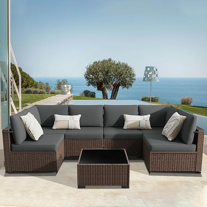 KIGOTY Patio Furniture Set,7 Pieces Modular Outdoor Sectional Sofa, PE Rattan Patio Conversation Set, All Weather Wicker Patio Furniture with Cushions and Coffee Table(Brown/Dark Grey)