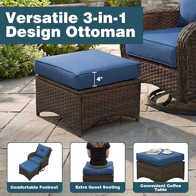 Patio Furniture Set, 5PCS Outdoor Wicker Conversation Set with 6" Thick Cushions, High Back Swivel Rocker Chairs, Weather Resistant Olefin Fabric for Garden, Poolside, Navy Blue