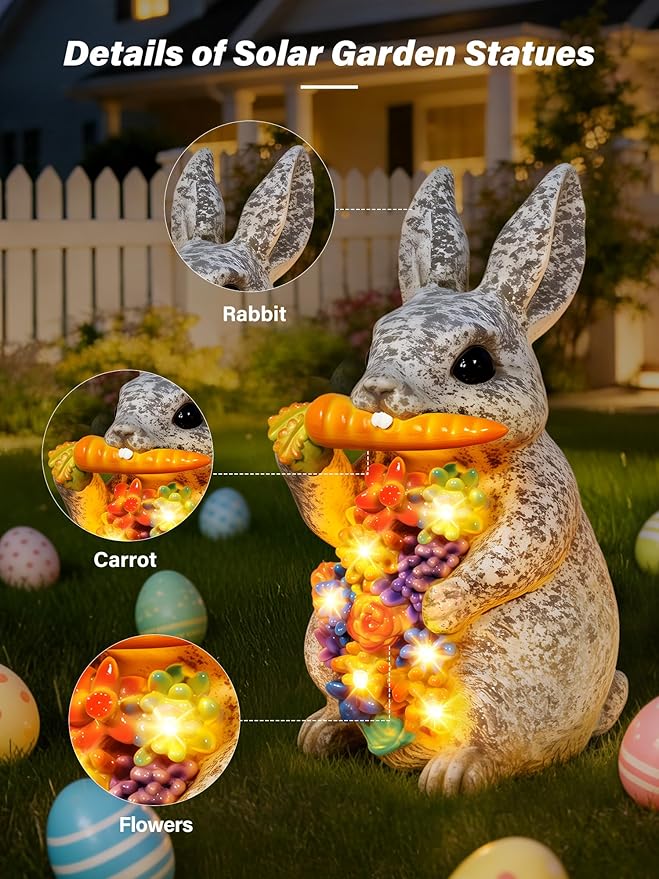 Solar Garden Statues, Outdoor Solar Bunny Easter Decor with Succulent and 6 LED Lights, Outside Yard Figurine Decor for Garden, Lawn, Patio, Balcony, Porch, Unique Gifts for Mom Grandma