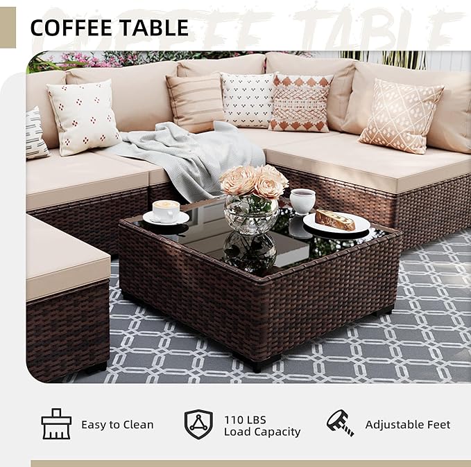 UPHA 7 Pieces Patio Furniture Sets, Wicker Outdoor Sectional Sofa Couch with Coffee Table, Patio Conversation Set for Deck Backyard Garden, Brown Rattan, Beige Cushion