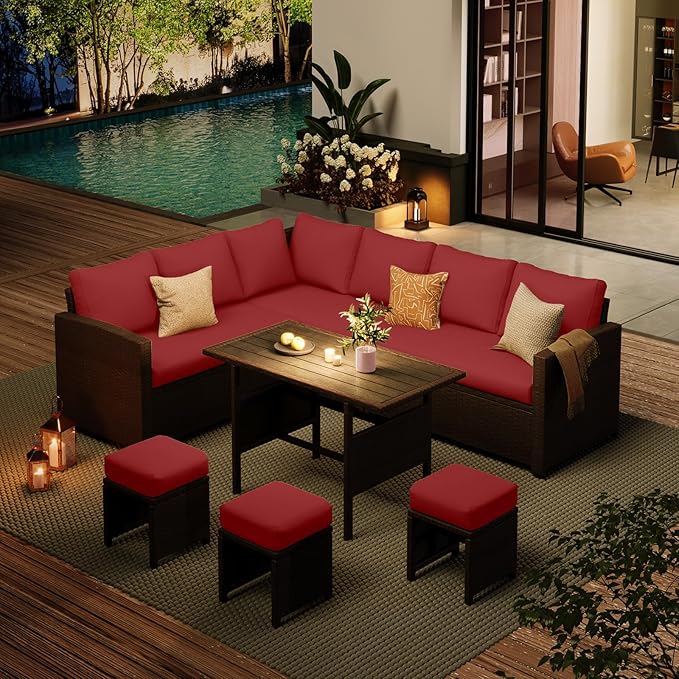 AECOJOY Outdoor Patio Furniture Set with Waterproof Cover, 7 Pieces Clearance Sectional Rattan Dining Table&Chairs, All Weather Wicker Conversation Sofa Couch, Wine Red Cushions&Brown Rattan