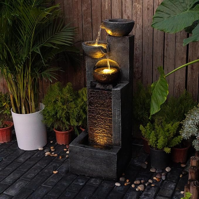 YZM 42.91" H Water Fountain Outdoor Garden Waterfall Fountains Indoor Bowl Cascading Water Feature with Led Lights 4-Tier for Home Deck Patio Porch Yard Decor
