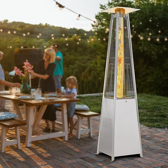 FOOWIN Propane Patio Heater, 48,000 BTU Outdoor Patio Heater with Wheels/Waterproof Cover & Gloves,Quartz Glass Tube Pyramid Outdoor Heater for Party,Backyard, Garden Silver Grey
