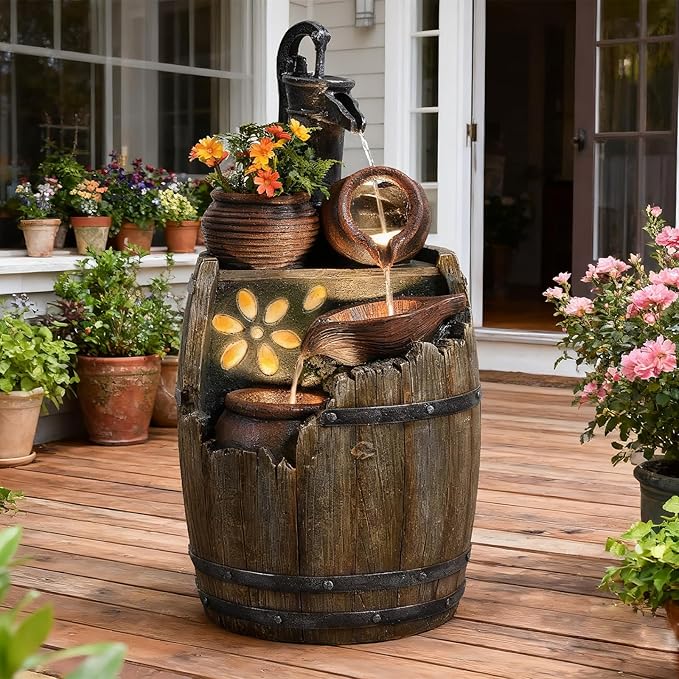 Water Fountain Outdoor 29" H Outside Floor 3 Tiered Rustic Barrel with Light, Pump for Garden, Patio, Deck, Porch, Backyard Home Decor