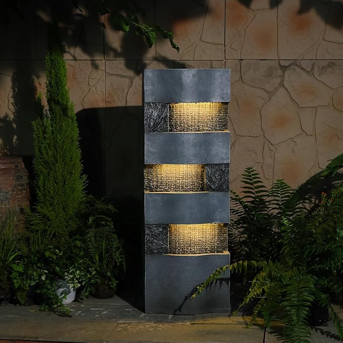 40.5" H Modern Outdoor Water Fountain with LED Lights – Tall Garden Waterfall Fountain for Patio, Yard, Landscape or Indoor Decor, 4 Tiers Floor Standing Waterfall Outdoor Fountains