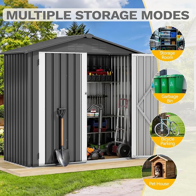 DWVO 6x4ft Outdoor Storage Shed, Weatherproof Tool Shed w/Locking Entry & Ventilation for Grass Cutter, Bike, Equipment, Courtyard, Garden (Dark Gray) - Image 9