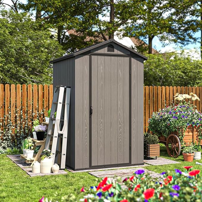 Patiowell 4' x 4' Outdoor Storage Shed with Floor, Plastic Shed Outside Resin Tool Shed with Window and Lockable Door for Backyard Garden Patio Lawn, Dark Grey (Fit-it Shed) - Image 9
