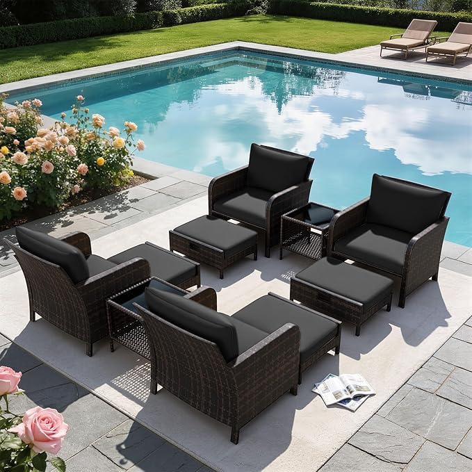 LEVELEVE Patio Conversation Set 5 Piece, Balcony Furniture Outdoor PE Rattan Wicker Lounge Chairs with Soft Cushions, 2 Ottomans & Glass Table for Porch Lawn, Brown (Black Cushions