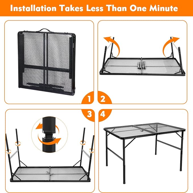 4 ft Folding Table with Metal Mesh Desktop, Grill Table Camping Table with Carry Handle,Adjustable Height (16.5" & 26"), Outdoor Table for Camp, Cooking, BBQ, RV, Picnic,Fits 4–8 People,Black - Image 7