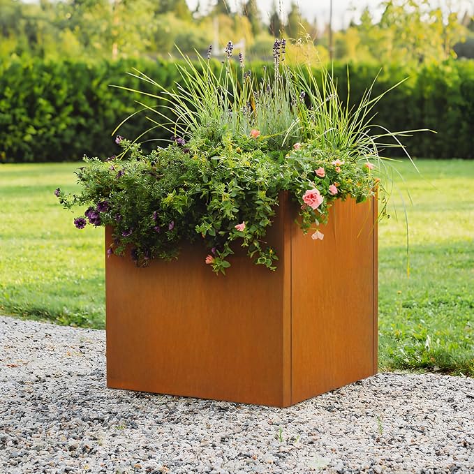 24"x24"x25" Corten Steel Planter Box, Rustic Metal Planter with Drainage Holes, Rust & Weather Resistant for Patio Garden Indoor Outdoor Commercial Use