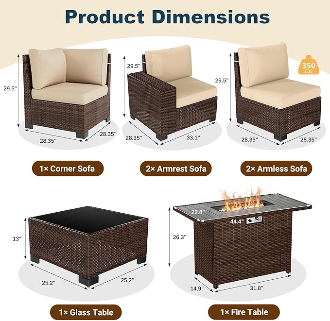 7 Piece Patio Furniture Set with Fire Pit Table, Outdoor Conversation Sets Wicker Rattan Sectional Sofa with Coffee Table for Patio Garden Backyard, 4'' Thickened Cushion Beige
