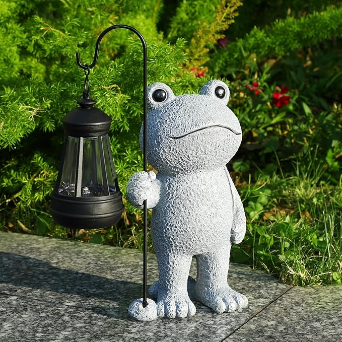 Garden Statue Frog Outdoor Decor, Solar Patio Garden Sculptures & Statues, Resin Decor Gift for Women, Mom, Grandma, Stone