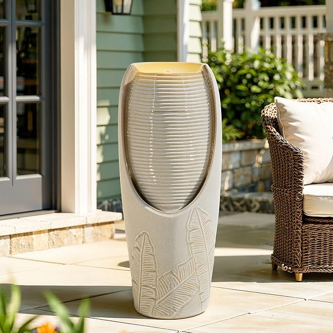 32" H Outdoor Garden Fountain with LED Lights, Modern Ceramic Jar Water Feature, Tropical Leaf Embossed Pattern, Beige Glaze, Soothing Cascading Waterfall for Patio, Yard, Porch