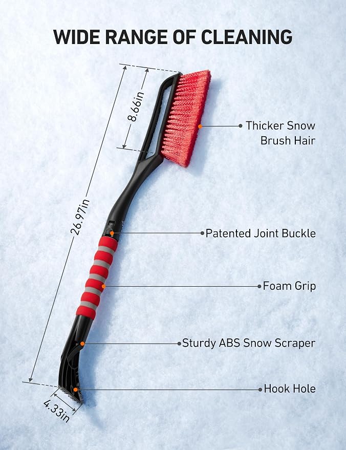 AstroAI 27" Snow Brush and Ice Scrapers for Car Windshield, Detachable Snow Scrapers with Ergonomic Foam Grip for Cars, Trucks, SUVs (Heavy Duty ABS, PVC Brush, Red) - Image 7
