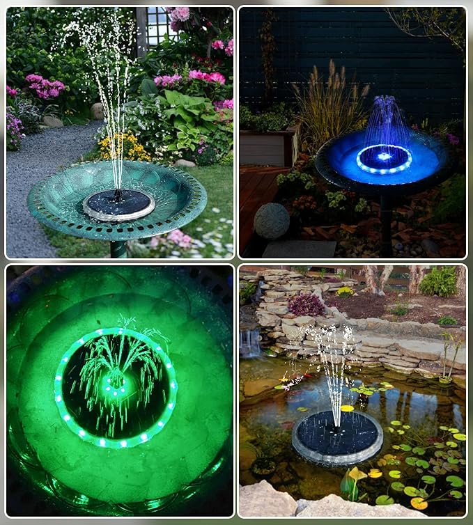 Yzert Solar Fountain Matte Panel with 4000 mAH Battery, 4W Bird Bath Fountains Solar Power with 8 Nozzles, Floating Solar Fountain Pump for Bird Bath, Garden, Pond, Outdoor (Color Change)