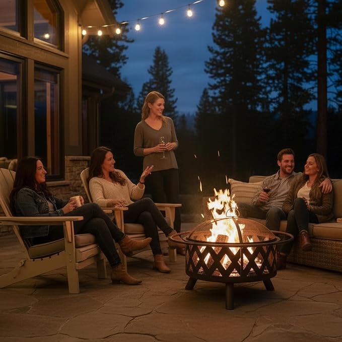 Sunnydaze Crossweave Outdoor Fire Pit - Wood-Burning Fire Pit for Outside with Spark Screen, Poker and Round Cover - 30-Inch - Bronze - Image 9