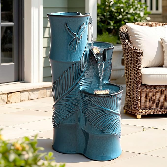 25.5" H Ceramic Outdoor Water Fountain with LED Lights, 3-Tier Bamboo-Style Water Feature with Leaf & Dragonfly Patterns, Soothing Tranquil Waterfall for Garden, Patio & Yard, Teal Blue