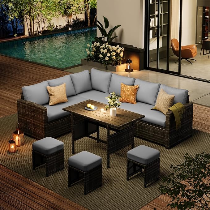 AECOJOY Outdoor Patio Furniture Set, 7 Pieces Clearance Sectional Rattan Dining Table&Chairs, All Weather Wicker Conversation Sofa Couch with Ottoman, Grey Cushions&Grey Rattan