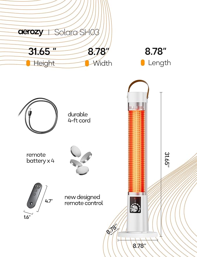 Patio Heater for Outdoor Use, Infrared Electric Outdoor Heater, 1500W Instant Heating, 60-Degree Oscillation, 9 Heat Levels, 9H Timer, Remote, for Garage, Large Room, Indoor, 32.2", White