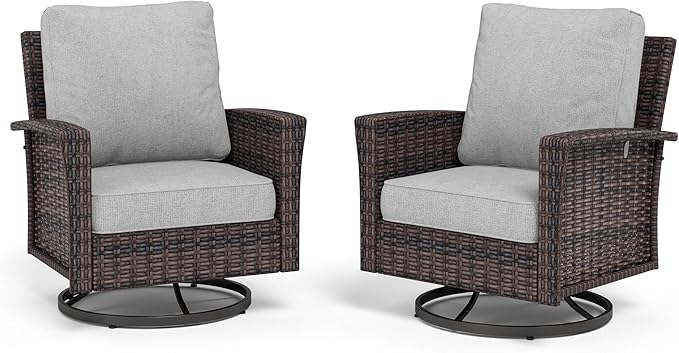 Swivel Patio Wicker Chairs Set of 2, High Back Outdoor Swivel Patio Rattan Chairs with 5.5" Thick Cushions for Bistro Balcony Porch Deck and Yard, Light Grey