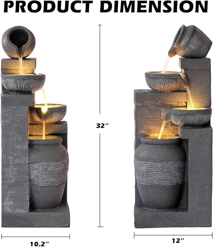 Grepatio Outdoor 4-Tiers Water Fountain, Garden Cascading Waterfalls Fountain with LED Lights, 32" H Modern Indoor/Outdoor Bowl Waterfall Feature Water Fountains for Garden, Patio, Yard Decor (Grey)