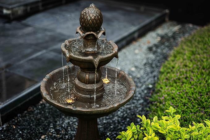 3 Tiered Outdoor/Indoor Water Fountains –42.2 in. Tall, Like Stone Bird Bath for Outside, Elegant Waterfall Feature for Garden, Yard, Patio, Home Decor (Bronze Color)