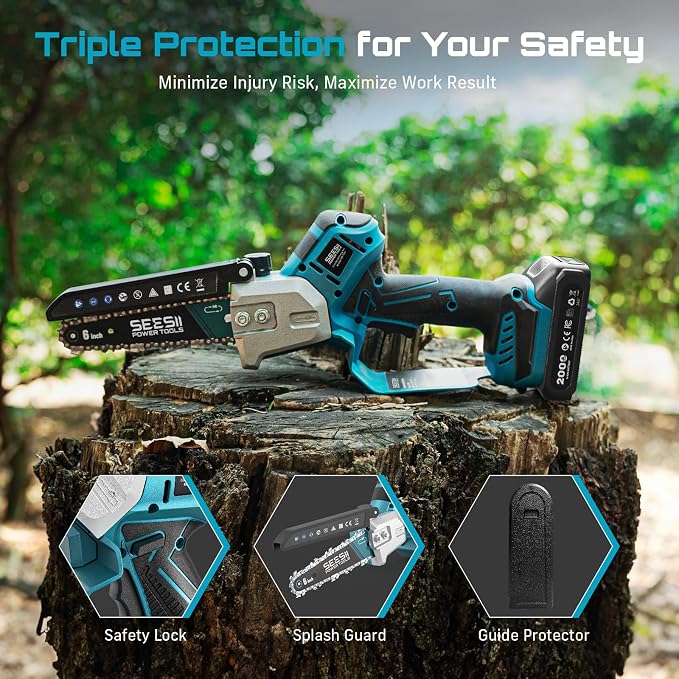 SEESII Brushless Mini Chainsaw 6 Inch, Handheld Saw with 2 * 2000 mAh Batteries, Cordless Chainsaw with Automatic Oiler, Compatible with Makita 18V Battery, Electric Saw for Tree Limb Branch Cutter - Image 9