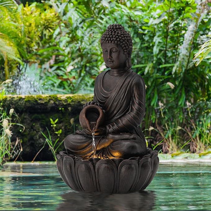 Glitzhome Buddha Fountain Outdoor 2 Tier Zen Style Buddha Water Fountains with Pump & LED Light, Buddha Fountains and Waterfalls Outdoor Floor Fountain Buddha Statues for Garden Patio Backyard 20.5"H