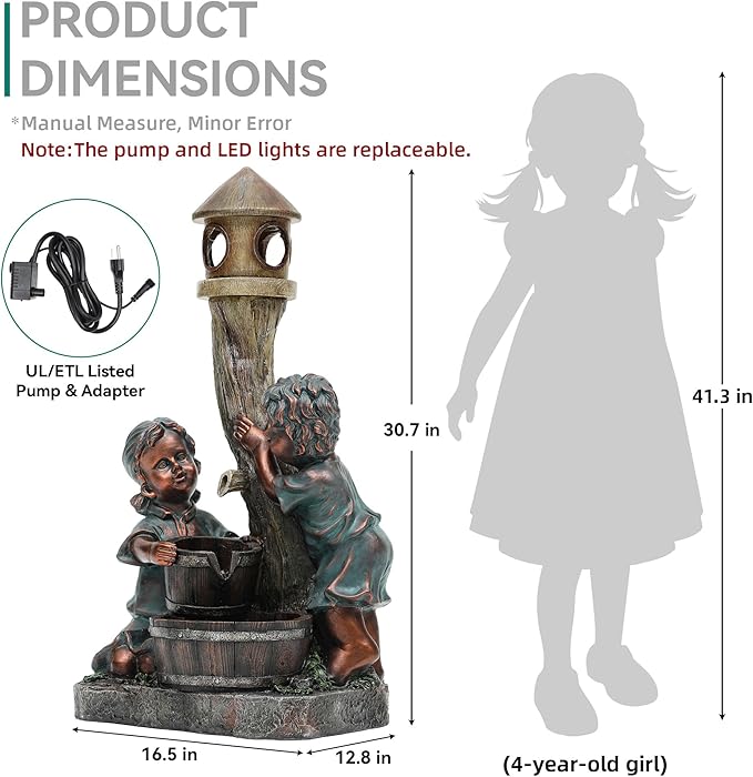 31" Boy & Girl Outdoor Water Fountain with LED Lights, Pagoda and Wood Barrel Garden Fountain, 3-Tier Cascading Waterfall for Tranquil Backyard, Patio or Porch, Faux Bronze Finish