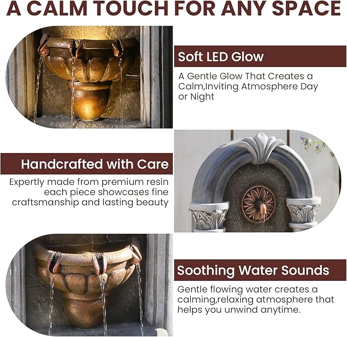 Wall Fountain Outdoor with LED Lights, 33.36” H Freestanding Garden Outdoor Water Fountain, Large Floor Standing Patio Outdoor Water Fountain, European Resin Flat Back Yard Courtyard Porch Déco